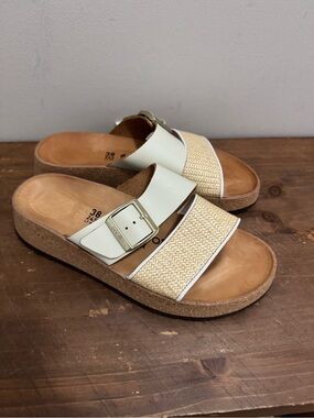 Birkenstock Papillio 38 Cream Slide Sandals with Woven Strap and Buckle